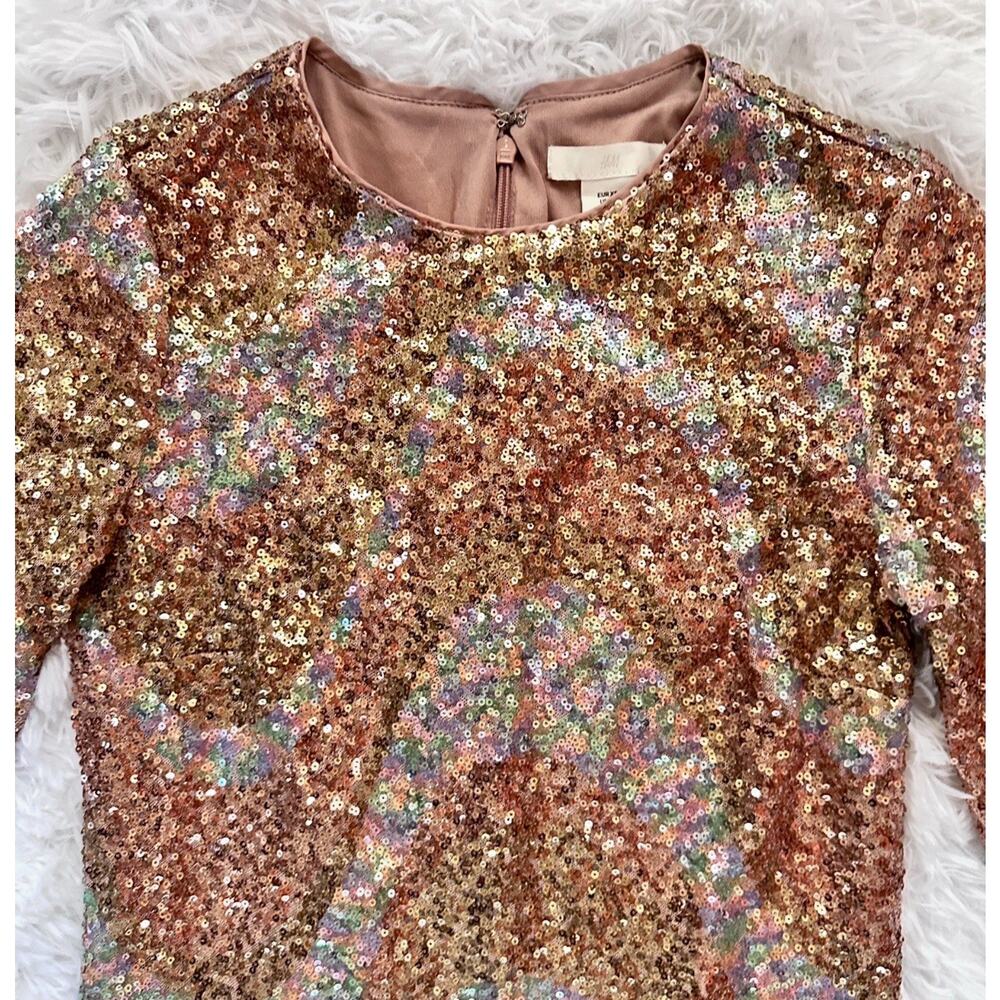 H&M Sequin Dress Mini Bodycon Sz XS Long Sleeve Festive Party Rose Pink Lined - Picture 2 of 9